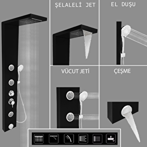 Venüs Siyah Şelaleli Masajlı Duş Paneli - Dikey Jakuzi - Robot Duş - El Duşu