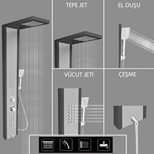 Çift Renk Metalik Füme-silver Gri Masajlı Duş Paneli - Dikey Jakuzi - Robot Duş - El Duşu - Lüx
