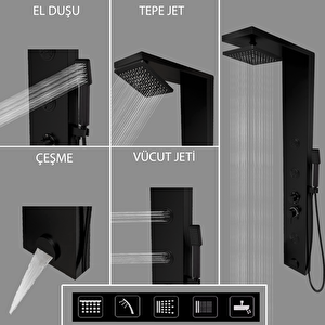 Venüs Siyah Premium Lena Masajlı Duş Paneli - Dikey Jakuzi - Robot Duş - El Duşu - Lüx Duş