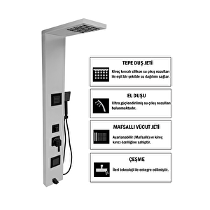 Atlas Silver Gri Premium Masajlı Duş Paneli - Dikey Jakuzi - Robot Duş - El Duşu - Lüx Duş