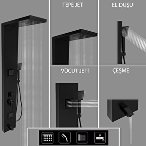 Atlas Siyah Premium Masajlı Duş Paneli - Dikey Jakuzi - Robot Duş - El Duşu - Lüx Duş