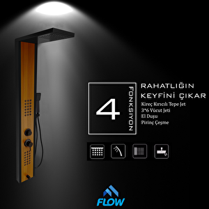 Çift Renk Siyah-Teak Ağacı Premium Masajlı Duş Paneli - Dikey Jakuzi - Robot Duş - El Duşu - Lüx
