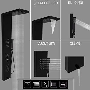 Victoria Siyah Premium Şelaleli Masajlı Duş Paneli - Dikey Jakuzi - Robot Duş - El Duşu