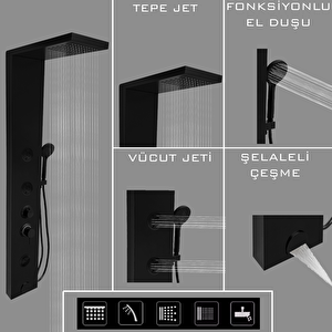 Venüs Siyah Premium Masajlı Duş Paneli - Dikey Jakuzi - Robot Duş - El Duşu - Lüx Duş
