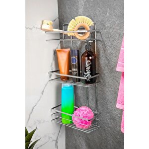 Yapışkanlı 3 Katlı Lamalı Paslanmaz Metal Köşe Banyo,duş Rafı,düzenleyici Duş Mutfak LŞ-03 Gri