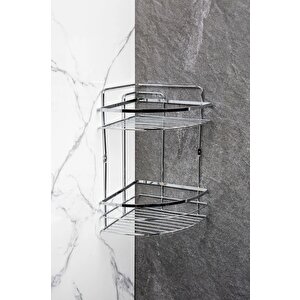 Yapışkanlı 2 Katlı Lamalı Paslanmaz Metal Köşe Banyo,Duş Rafı,Düzenleyici Duş Banyo Mutfak LK-02 Gri