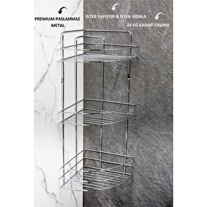 Yapışkanlı 3 Katlı Paslanmaz Metal Köşe Banyo,duş Rafı,şampuanlık Duş Banyo Mutfak Köşesi TK-03 Gri