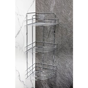 Yapışkanlı 3 Katlı Paslanmaz Metal Köşe Banyo,duş Rafı,şampuanlık Duş Banyo Mutfak Köşesi TK-03 Gri