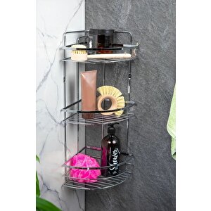 Yapışkanlı 3 Katlı Lamalı Paslanmaz Metal Köşe Banyo,Duş Rafı,Düzenleyici Banyo Mutfak LK-03 Gri