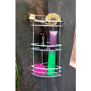 Yapışkanlı 3 Katlı Lamalı Paslanmaz Metal Köşe Banyo,Duş Rafı,Duş Banyo Mutfak LK-03 Beyaz