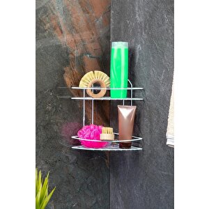 Yapışkanlı 2 Katlı Paslanmaz Metal Köşe Banyo,Duş Rafı,duş Banyo Mutfak Köşesi EK-02 Beyaz