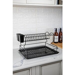 Paslanmaz Metal Çift Katlı Tabaklık & Bulaşık Kurutmalık Tezgah Üstü Kurutmalık Siyah TB-02