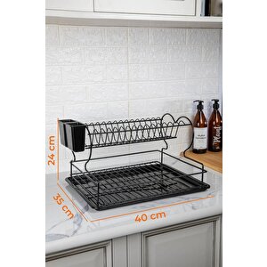 Paslanmaz Metal Çift Katlı Tabaklık & Bulaşık Kurutmalık Tezgah Üstü Kurutmalık Siyah TB-02