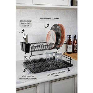 Paslanmaz Metal Çift Katlı Tabaklık & Bulaşık Kurutmalık Tezgah Üstü Kurutmalık Siyah TB-02