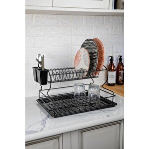 Paslanmaz Metal Çift Katlı Tabaklık & Bulaşık Kurutmalık Tezgah Üstü Kurutmalık Siyah TB-02