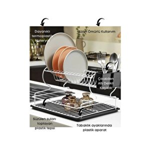 Paslanmaz 2 Katlı Tabaklık Bulaşıklık Termo Plastik Kaplama Metal Tabaklık - Bulaşık Sepeti Beyaz TB-02