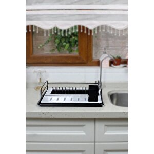 Paslanmaz Kristal Tepsili Tek Katlı Bulaşıklık Tabaklık Bulaşık Sepeti Tezgah Üstü Kurutma Siyah TP-01