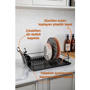 Paslanmaz Metal Bulaşıklık Tezgah Üstü Bulaşık Kurutmalık Tek Kat Tabaklık Siyah TB-01