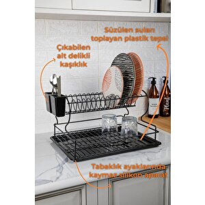 Paslanmaz 2 Kat Bulaşık Sepeti, Tabaklık Bulaşıklık, Tezgah Üstü Toparlayıcı Organizer Siyah TB-02