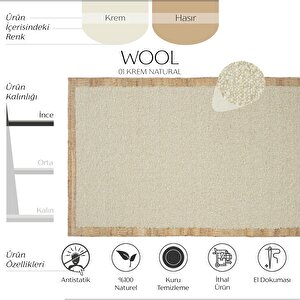 Wool 01 Natural Yün Halı Jüt Halı El Dokuma Jüt Kilim Hasır Halı Bohem El Halısı Krem Halı 200x300 cm