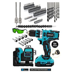Profesyonel 12v Çift Akülü Vidalama 84 Parça & 12 Köşe 360° Lazer Hizalama Set