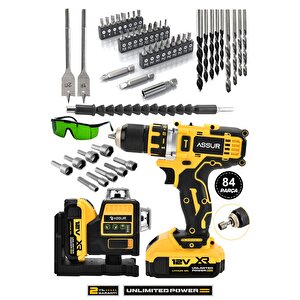 Profesyonel 12v Çift Akülü Vidalama 84 Parça & 12 Köşe 360° Lazer Hizalama Set