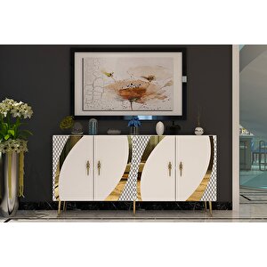 Handle Konsol Tv Sehpası Çok Amaçlı Dolap 150 Cm Beyaz Altın