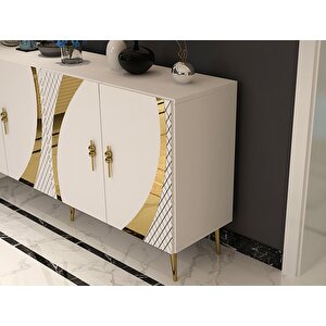Handle Konsol Tv Sehpası Çok Amaçlı Dolap 150 Cm Beyaz Altın