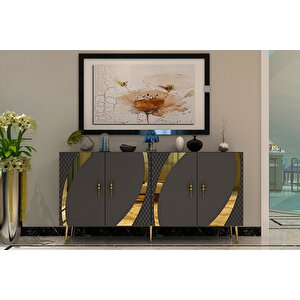 Handle Konsol Tv Sehpası Çok Amaçlı Dolap 150 Cm Antrasit Altın