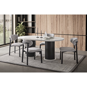 Mermer Desen Oval 4 Sandalyeli Masa Takımı