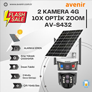 Av-s432 4mp 10x Optik Zoom 2 Kameralı Solar Ptz 4g Sim Kartlı Sesli Alarmlı Kamera