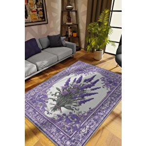 Art Deco Lavanta Çiçeği Vintage Halı Görünümlü Dijital Baskı Mor Halı,rustik Çiçekli Halı 80x120 cm