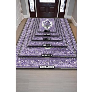 Homshtag Art Deco Lavanta Çiçeği Vintage Halı Görünümlü Dijital Baskı Mor Halı,rustik Çiçekli Halı