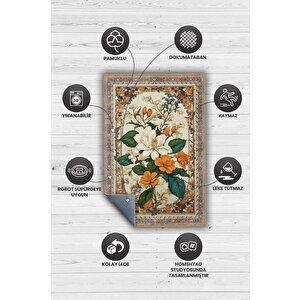 Homshtag Art Deco Yasemin Çiçeği Vintage Halı Görünümlü Dijital Baskı Renkli Halı,rustik Çiçek Halı