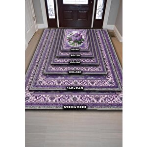 Homshtag Art Deco Leylak Çiçeği Vintage Halı Görünümlü Dijital Baskı Mor Halı,rustik Çiçekli Halı