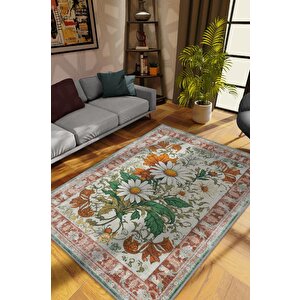 Art Deco Papatya Çiçeği Vintage Halı Görünümlü Dijital Baskı Renkli Halı,rustik Çiçekli Halı 160x240 cm