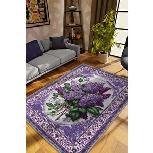 Art Deco Leylak Çiçeği Vintage Halı Görünümlü Dijital Baskı Mor Halı,rustik Çiçekli Halı 100x150 cm