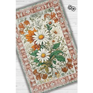 Art Deco Papatya Çiçeği Vintage Halı Görünümlü Dijital Baskı Renkli Halı,rustik Çiçekli Halı 100x150 cm