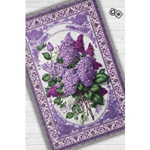 Art Deco Leylak Çiçeği Vintage Halı Görünümlü Dijital Baskı Mor Halı,rustik Çiçekli Halı 80x120 cm
