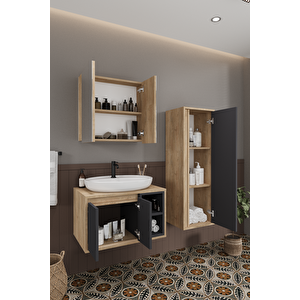 Lale 80 Cm Set %100 Mdf Lavabolu Banyo Dolabı Aynalı Dolap Boy Dolabı
