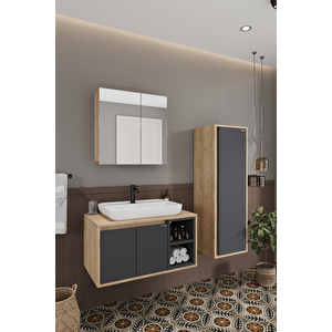 Lale 80 Cm Set %100 Mdf Lavabolu Banyo Dolabı Aynalı Dolap Boy Dolabı
