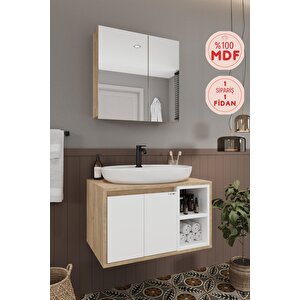 Lale Beyaz 70 Cm %100 Mdf Lavabolu Banyo  Dolabı + Aynalı Dolap