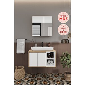 Lale Beyaz 70 Cm %100 Mdf Lavabolu Banyo  Dolabı + Aynalı Dolap