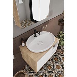 Lale Beyaz 70 Cm %100 Mdf Lavabolu Banyo  Dolabı + Aynalı Dolap