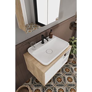 Lale Beyaz 70 Cm %100 Mdf Lavabolu Banyo  Dolabı + Aynalı Dolap