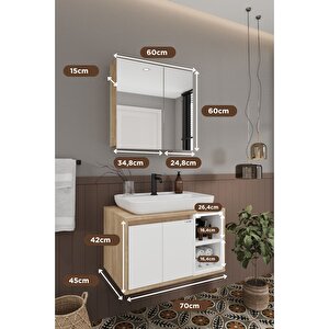 Lale Beyaz 70 Cm %100 Mdf Lavabolu Banyo  Dolabı + Aynalı Dolap