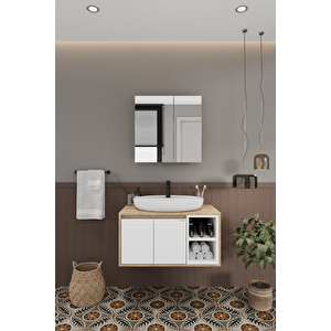 Lale Beyaz 70 Cm %100 Mdf Lavabolu Banyo  Dolabı + Aynalı Dolap