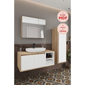Lale Beyaz 100 Cm %100 Mdf Lavabolu Banyo Dolabı + Aynalı Dolap + Boy Dolabı