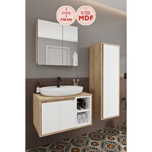 Lale Beyaz 80 Cm %100 Mdf Lavabolu Banyo Dolabı + Aynalı Dolap+ Boy Dolabı
