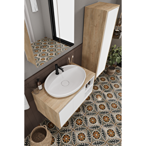 Lale Beyaz 80 Cm %100 Mdf Lavabolu Banyo Dolabı + Aynalı Dolap+ Boy Dolabı